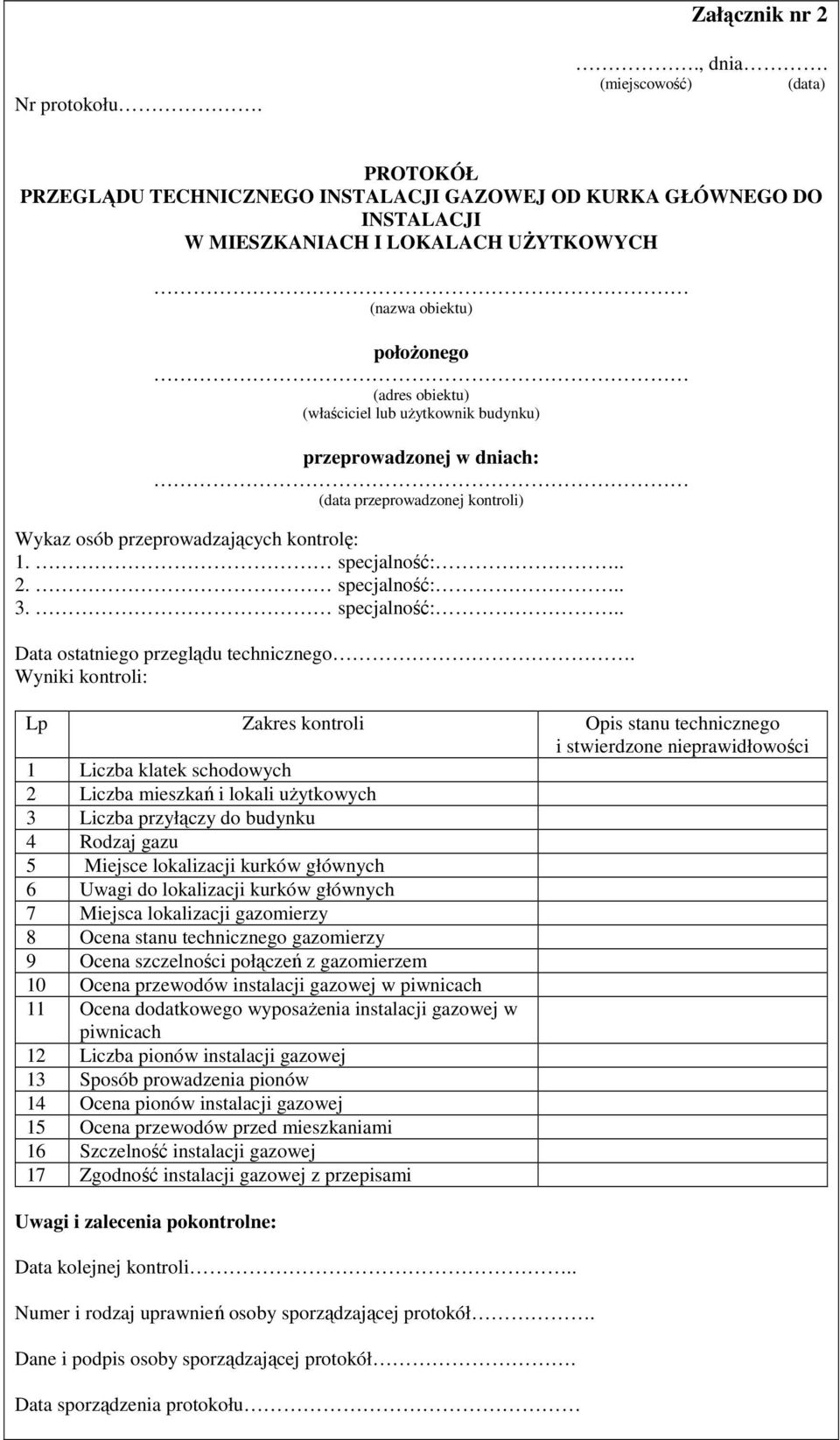 użytkownik budynku) przeprowadzonej w dniach: (data przeprowadzonej kontroli) Wykaz osób przeprowadzających kontrolę: 1. specjalność:.. 2. specjalność:.. 3. specjalność:.. Data ostatniego przeglądu technicznego.