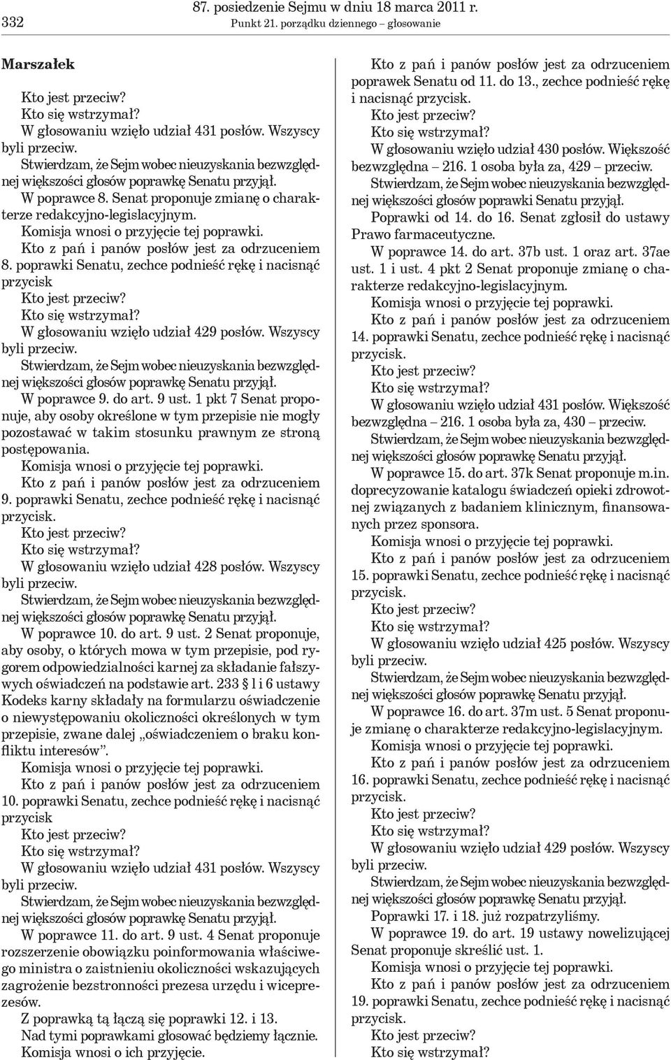 poprawki Senatu, zechce podnieść rękę i nacisnąć przycisk W głosowaniu wzięło udział 429 posłów. Wszyscy byli przeciw. W poprawce 9. do art. 9 ust.