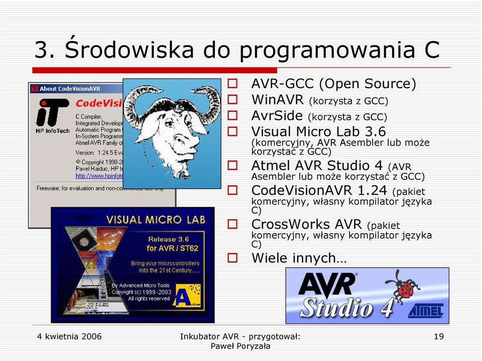 6 (komercyjny, AVR Asembler lub może korzystać z GCC) Atmel AVR Studio 4 (AVR Asembler lub może