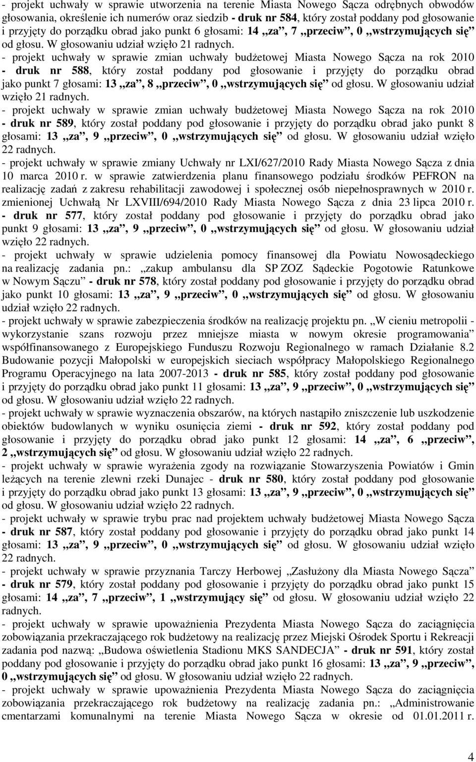 - projekt uchwały w sprawie zmian uchwały budŝetowej Miasta Nowego Sącza na rok 2010 - druk nr 588, który został poddany pod głosowanie i przyjęty do porządku obrad jako punkt 7 głosami: 13 za, 8