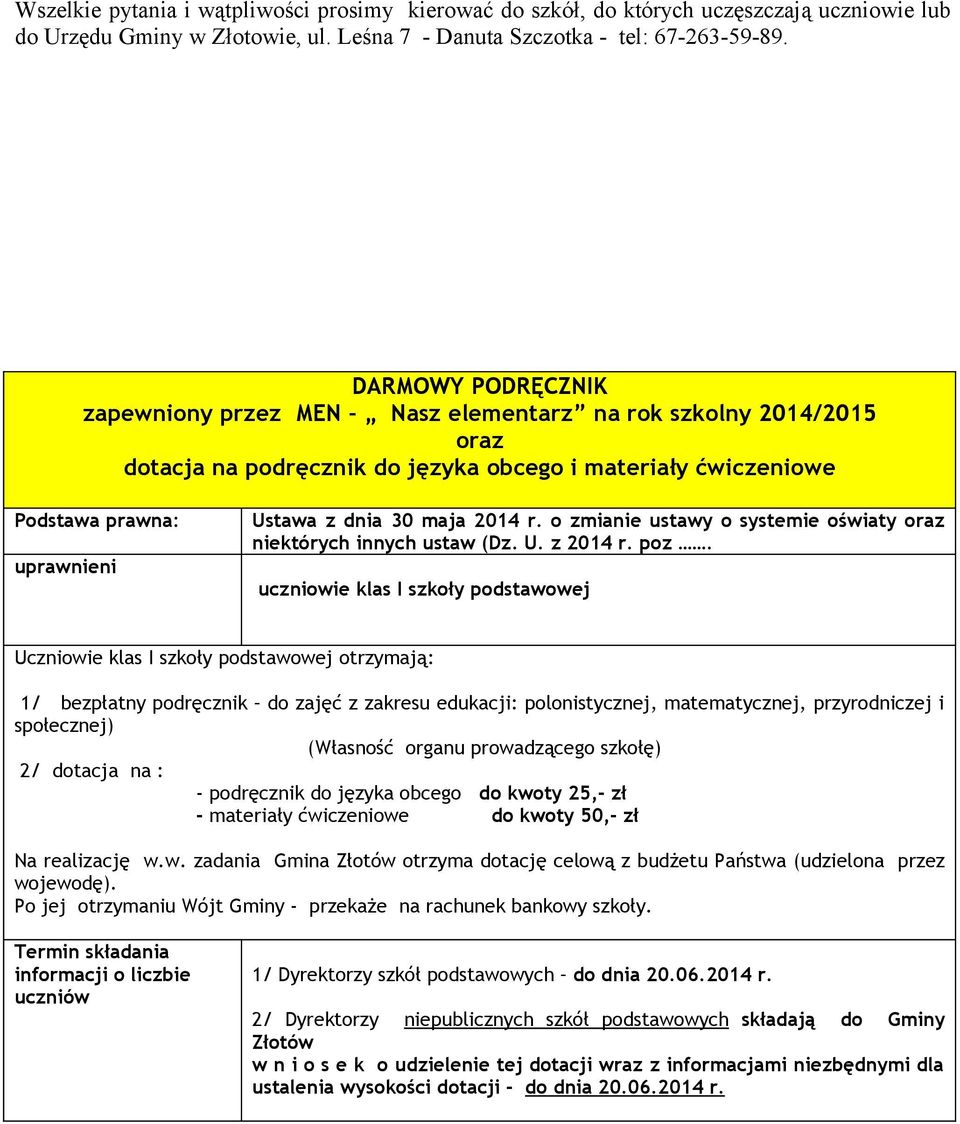 2014 r. o zmianie ustawy o systemie oświaty oraz niektórych innych ustaw (Dz. U. z 2014 r. poz.