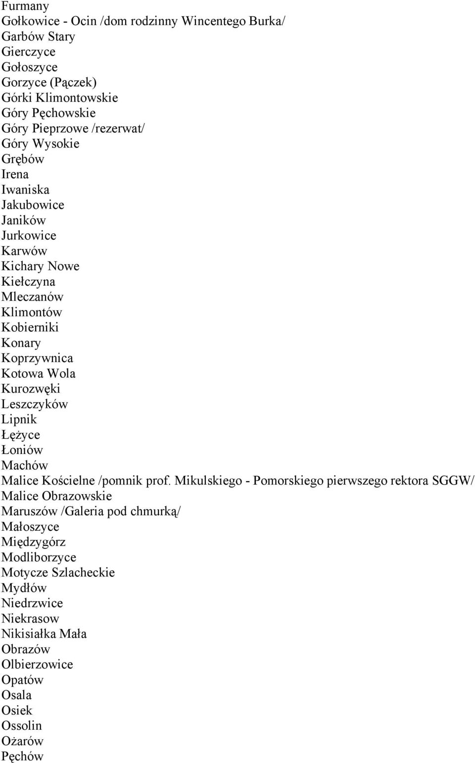 Kurozwęki Leszczyków Lipnik Łężyce Łoniów Machów Malice Kościelne /pomnik prof.