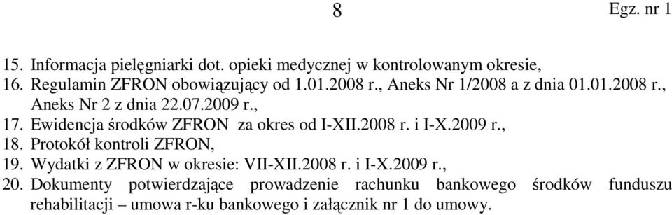 2008 r. i I-X.2009 r., 18. Protokół kontroli ZFRON, 19. Wydatki z ZFRON w okresie: VII-XII.2008 r. i I-X.2009 r., 20.