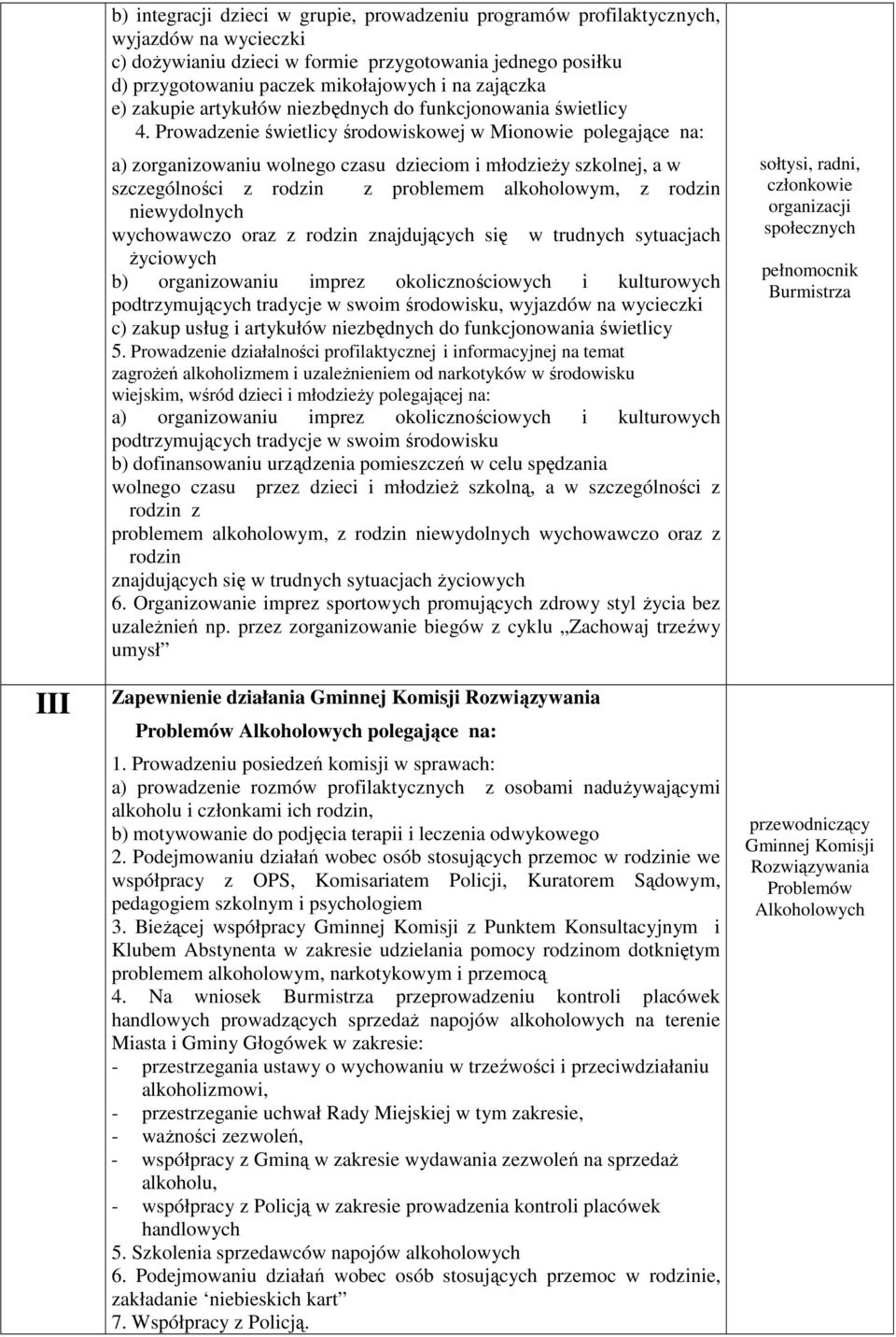 Prowadzenie świetlicy środowiskowej w Mionowie polegające na: a) zorganizowaniu wolnego czasu dzieciom i młodzieży szkolnej, a w szczególności z rodzin z problemem alkoholowym, z rodzin niewydolnych