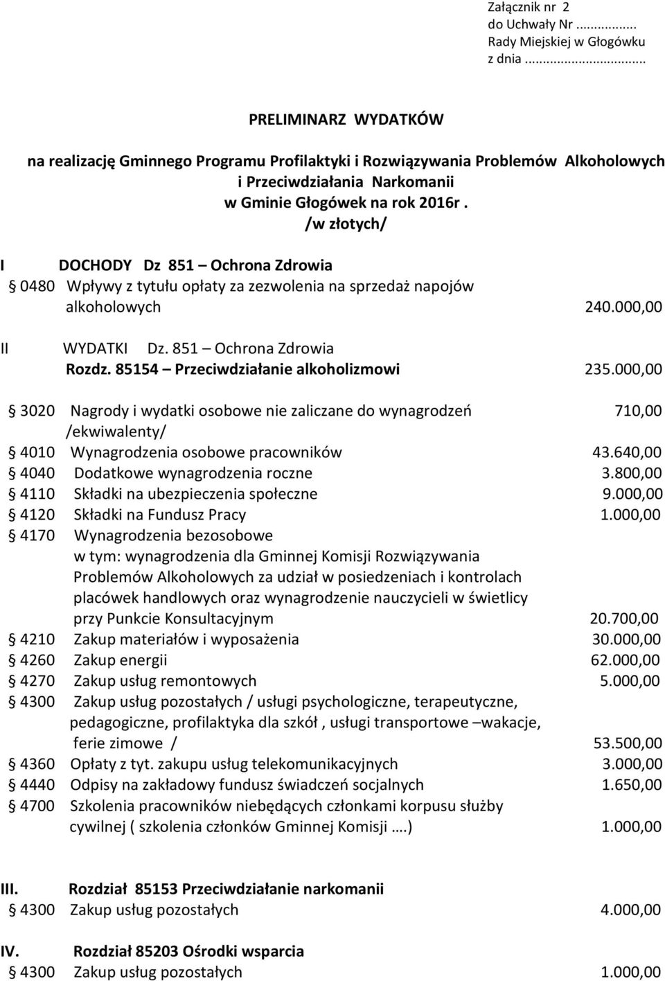 /w złotych/ I DOCHODY Dz 851 Ochrona Zdrowia 0480 Wpływy z tytułu opłaty za zezwolenia na sprzedaż napojów alkoholowych 240.000,00 II WYDATKI Dz. 851 Ochrona Zdrowia Rozdz.