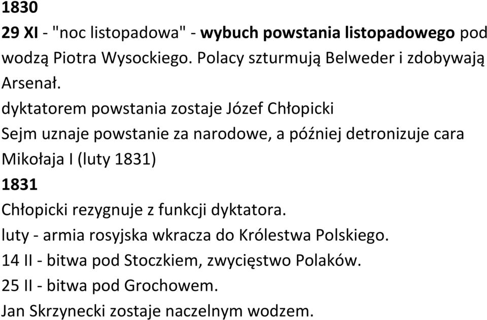 dyktatorem powstania zostaje Józef Chłopicki Sejm uznaje powstanie za narodowe, a później detronizuje cara Mikołaja I