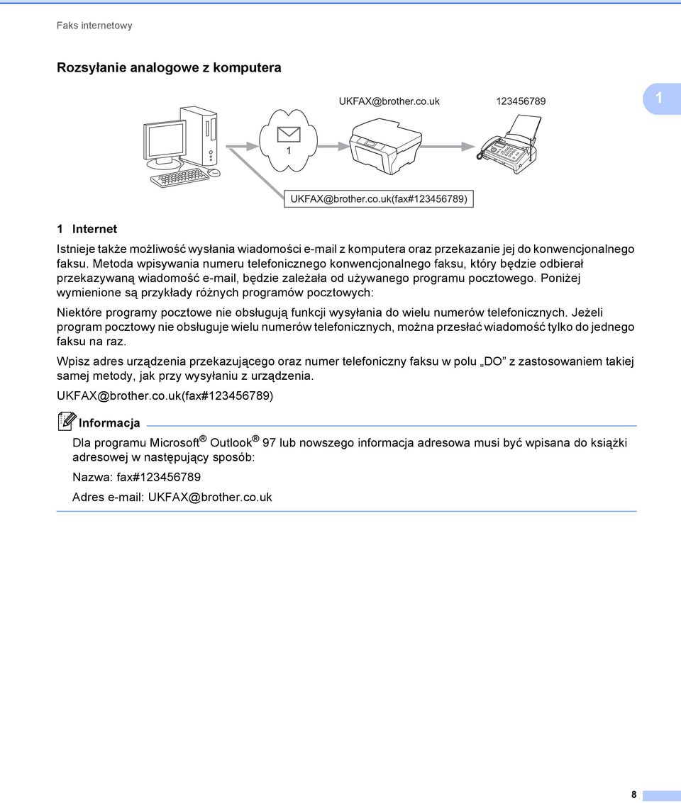 Metoda wpisywania numeru telefonicznego konwencjonalnego faksu, który będzie odbierał przekazywaną wiadomość e-mail, będzie zależała od używanego programu pocztowego.