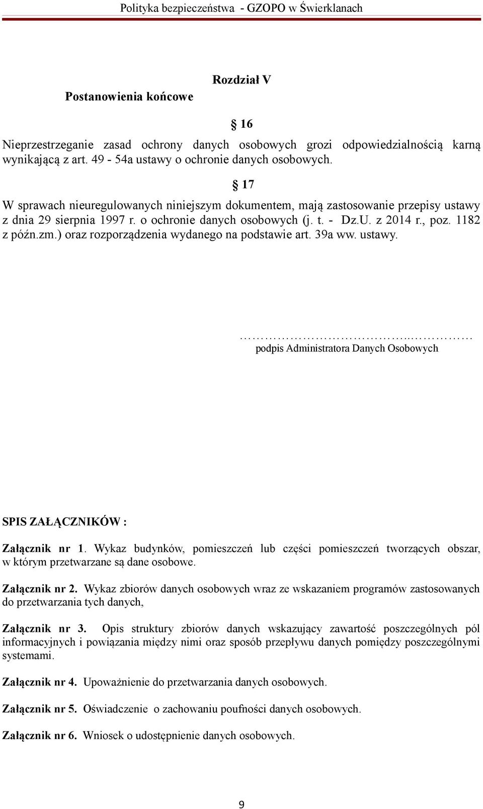 ) oraz rozporządzenia wydanego na podstawie art. 39a ww. ustawy... podpis Administratora Danych Osobowych SPIS ZAŁĄCZNIKÓW : Załącznik nr 1.