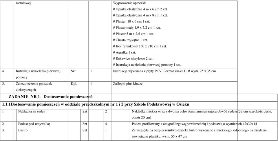 4 Instrukcja udzielania pierwszej Szt 1 Instrukcja wykonana z płyty PCV. Format znaku L. # wym. 25 x 35 cm pomocy 5. Zabezpieczenie gniazdek elektrycznych Kpl.