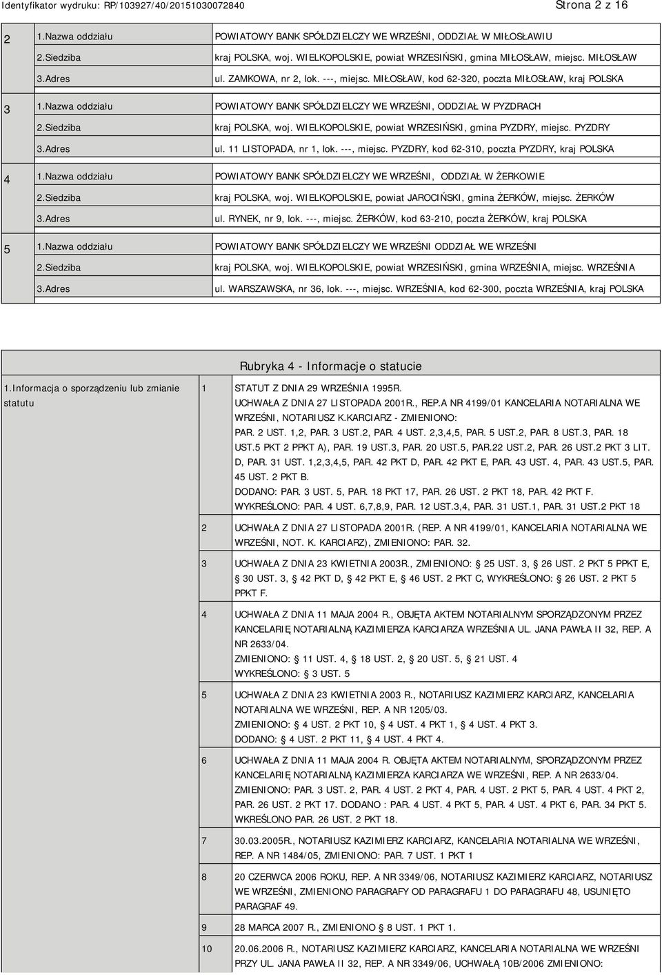 Adres kraj POLSKA, woj. WIELKOPOLSKIE, powiat WRZESIŃSKI, gmina PYZDRY, miejsc. PYZDRY ul. 11 LISTOPADA, nr 1, lok. ---, miejsc. PYZDRY, kod 62-310, poczta PYZDRY, kraj POLSKA 4 1.