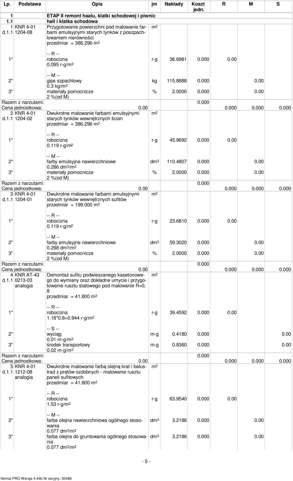 00 kg 115.8888 0.000 0.00 2* gips szpachlowy 0.3 kg/ 2 1204-02 Dwukrotne malowanie farbami emulsyjnymi starych tynków wewnętrznych ścian przedmiar = 386.296 0.119 r-g/ r-g 45.9692 0.000 0.00 dm 3 110.