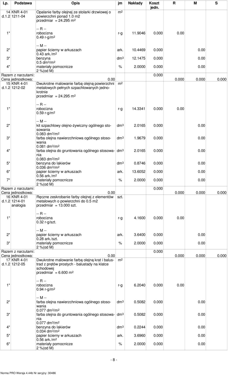 5 dm 3 / 4* materiały pomocnicze 15 1212-02 Dwukrotne malowanie farbą olejną powierzchni metalowych pełnych szpachlowanych jednokrotnie przedmiar = 24.295 0.59 r-g/ r-g 14.3341 0.000 0.