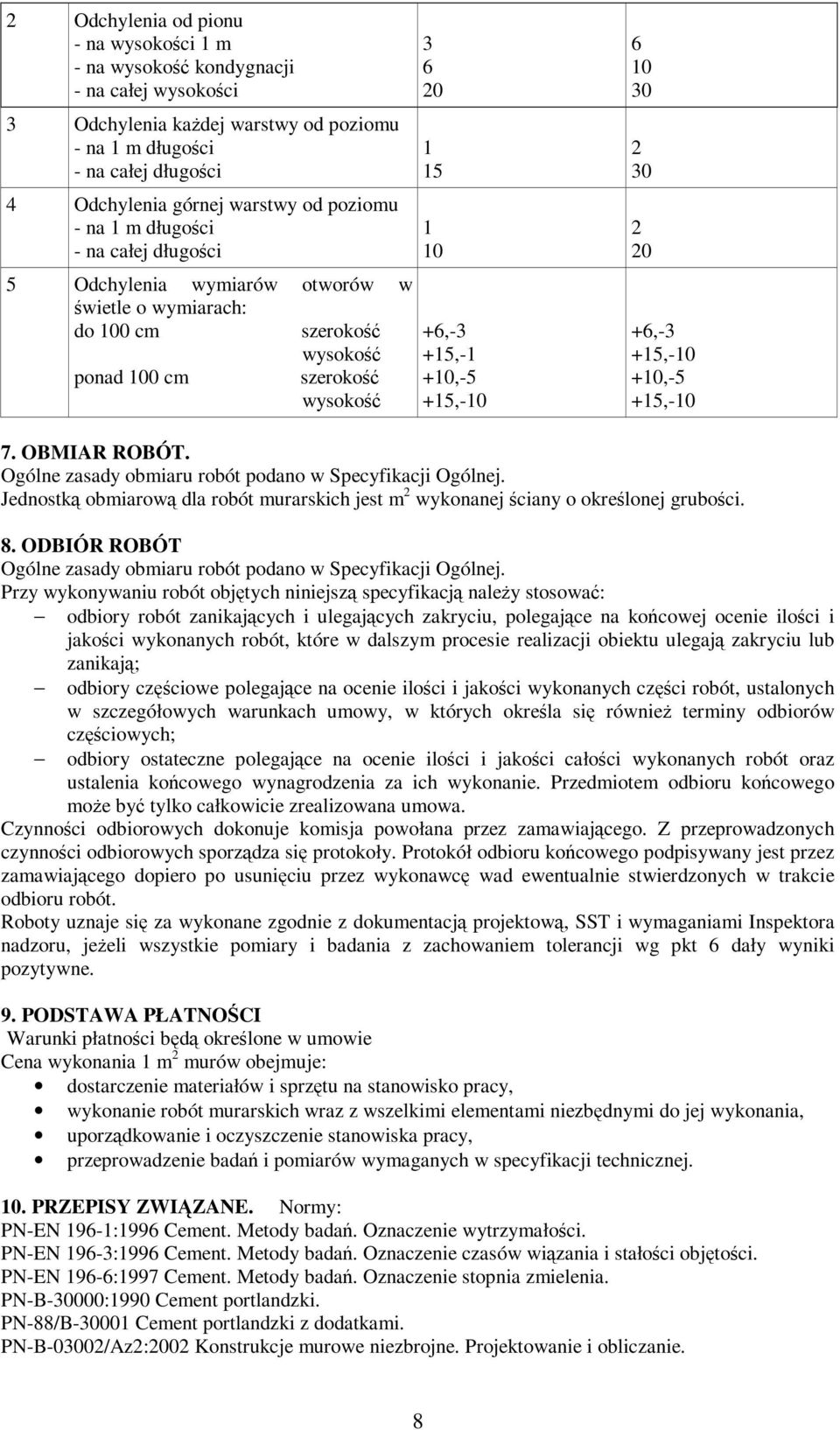 +6,-3 +5,-0 +0,-5 +5,-0 7. OBMIAR ROBÓT. Ogólne zasady obmiaru robót podano w Specyfikacji Ogólnej. Jednostką obmiarową dla robót murarskich jest m 2 wykonanej ściany o określonej grubości. 8.