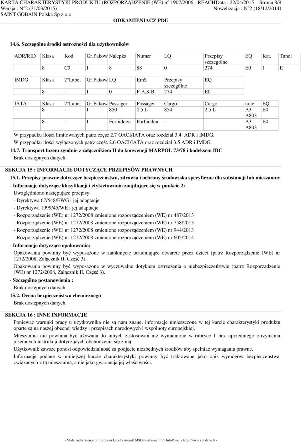 Pakow Passager Passager Cargo Cargo note EQ 8 - I 850 0.5 L 854 2.5 L A3 E0 A803 8 - I Forbidden Forbidden - - A3 E0 A803 W przypadku ilości limitowanych patrz część 2.7 OACI/IATA oraz rozdział 3.