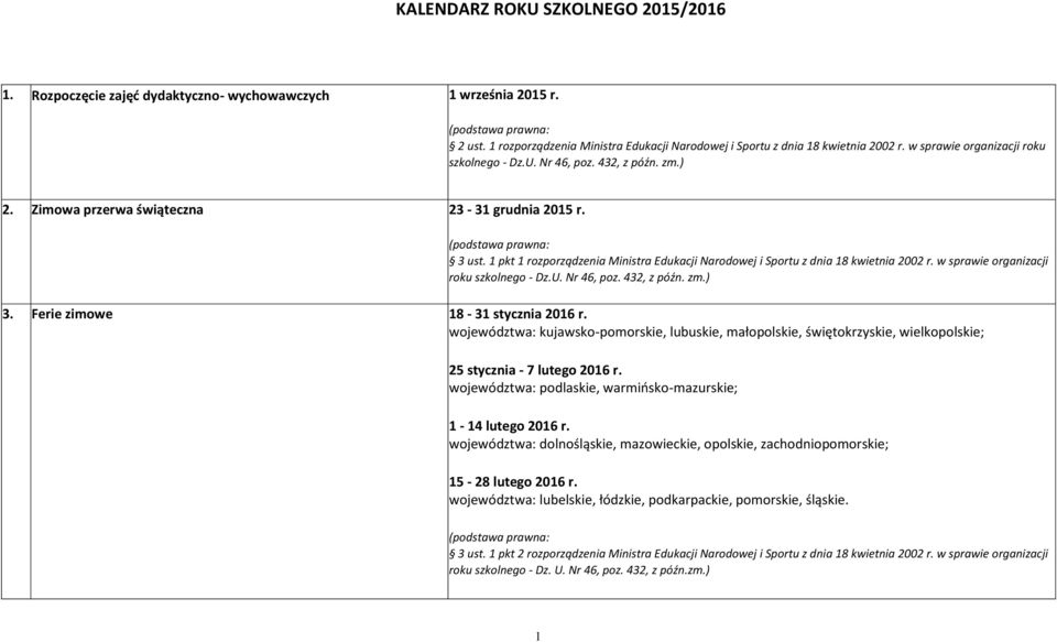 1 pkt 1 rozporządzenia Ministra Edukacji Narodowej i Sportu z dnia 18 kwietnia 2002 r. w sprawie organizacji roku szkolnego - Dz.U. Nr 46, poz. 432, z późn. zm.) 3. Ferie zimowe 18-31 stycznia 2016 r.