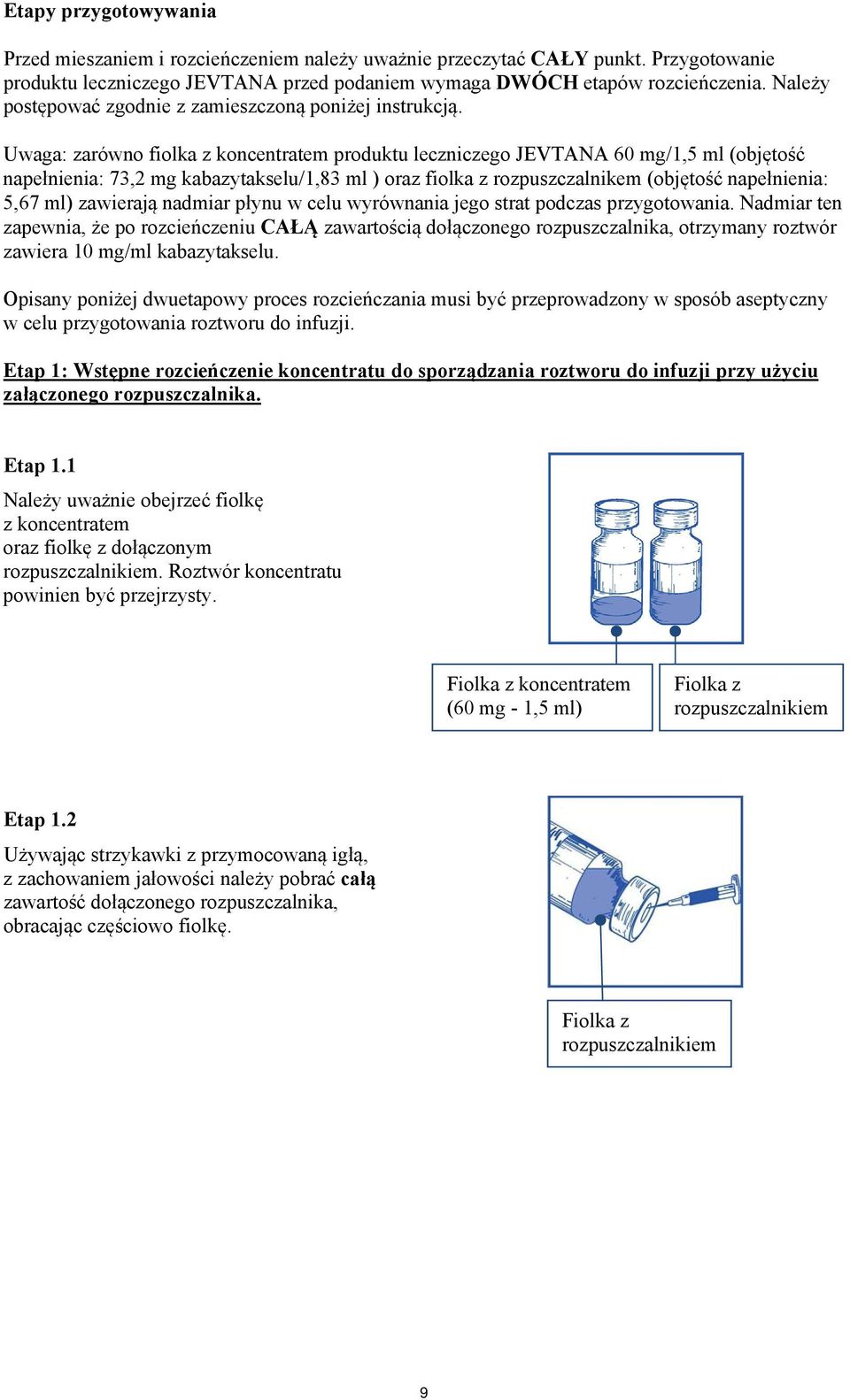 Uwaga: zarówno fiolka z koncentratem produktu leczniczego JEVTANA 60 mg/1,5 ml (objętość napełnienia: 73,2 mg kabazytakselu/1,83 ml ) oraz fiolka z rozpuszczalnikem (objętość napełnienia: 5,67 ml)