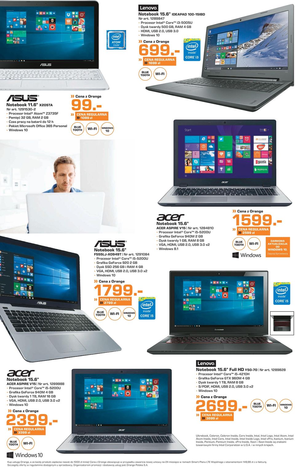 6" F555LJ-XO949T Nr art. 1291084 Procesor Intel Core i5-5200u Grafika GeForce 920 2 GB Dysk SSD 256 GB i RAM 4 GB VGA, MI, USB 2.0, USB 3.0 x2 Windows 10 Notebook 15.6" ACER ASPIRE V15 Nr art.