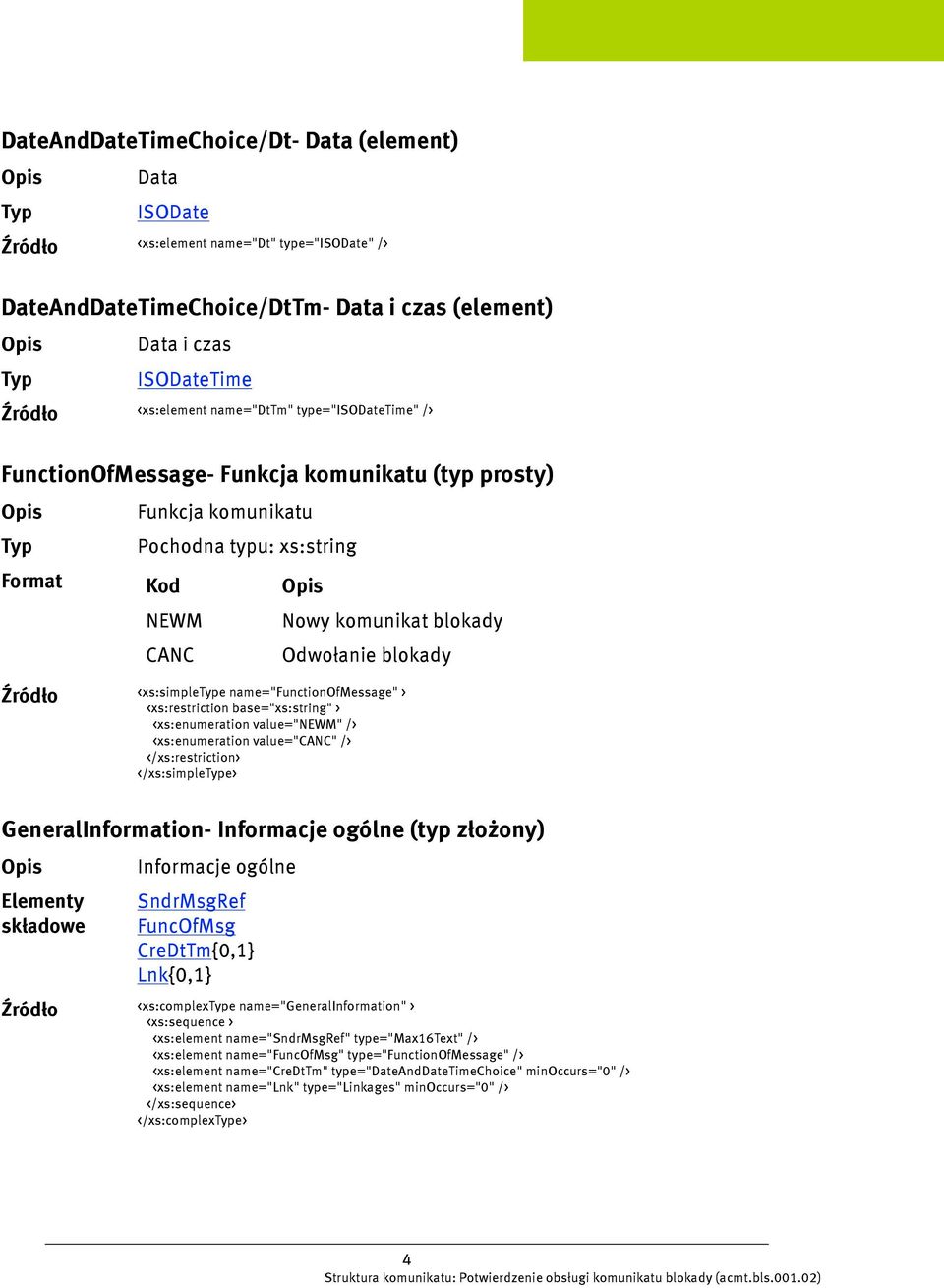 <xs:enumeration value="newm" /> <xs:enumeration value="canc" /> </xs:simplee> GeneralInformation- Informacje ogólne (typ złożony) Informacje ogólne SndrMsgRef FuncOfMsg CreDtTm{0,1} Lnk{0,1}