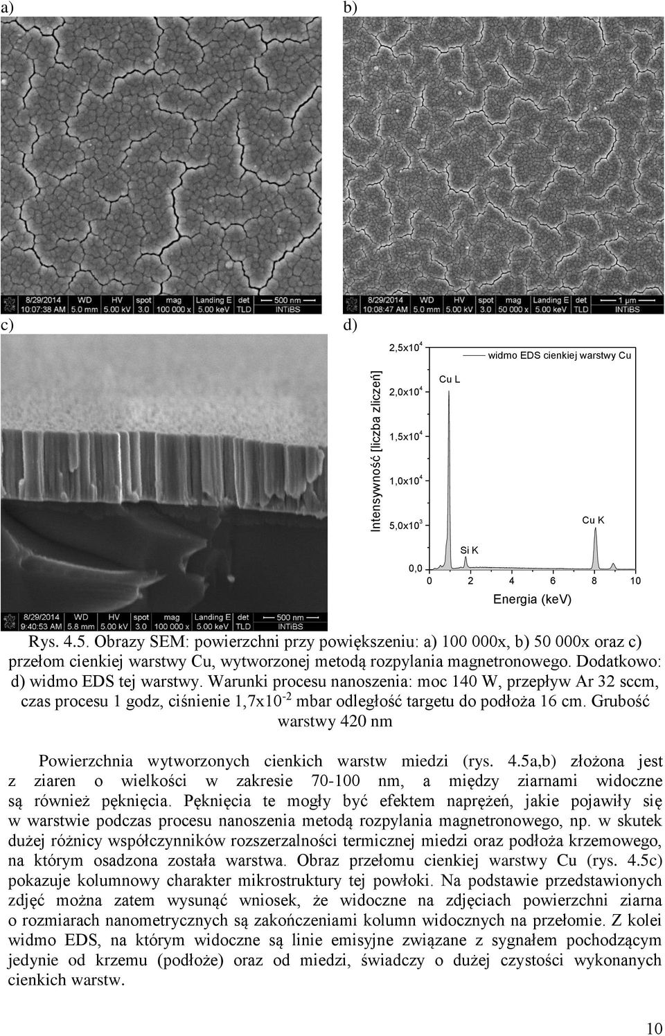 Grubość warstwy 420 nm Powierzchnia wytworzonych cienkich warstw miedzi (rys. 4.5a,b) złożona jest z ziaren o wielkości w zakresie 70-100 nm, a między ziarnami widoczne są również pęknięcia.