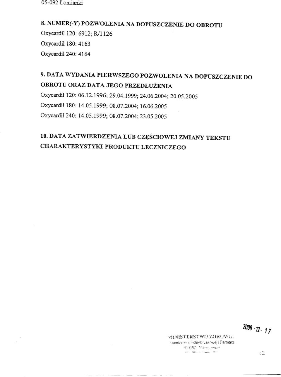 2005 Oxycardil180: 14.05.1999; 08.07.2004; 16.06.2005 Oxycardi1240: 14.05.1999; 08.07.2004; 23.05.2005 10.