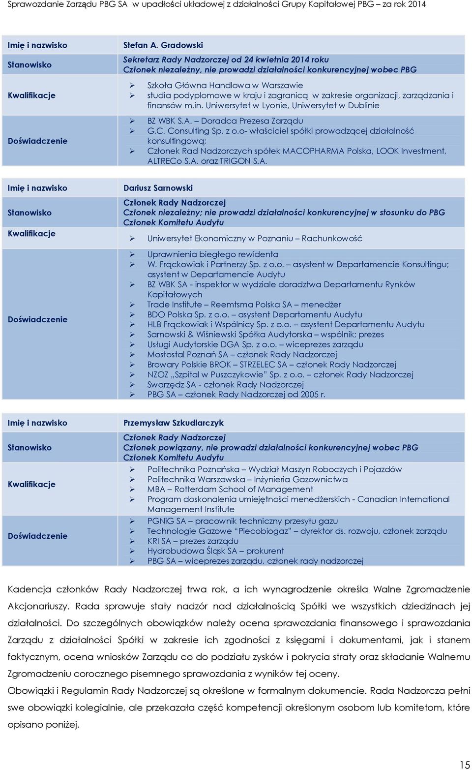 zagranicą w zakresie organizacji, zarządzania i finansów m.in. Uniwersytet w Lyonie, Uniwersytet w Dublinie BZ WBK S.A. Doradca Prezesa Zarządu G.C. Consulting Sp. z o.