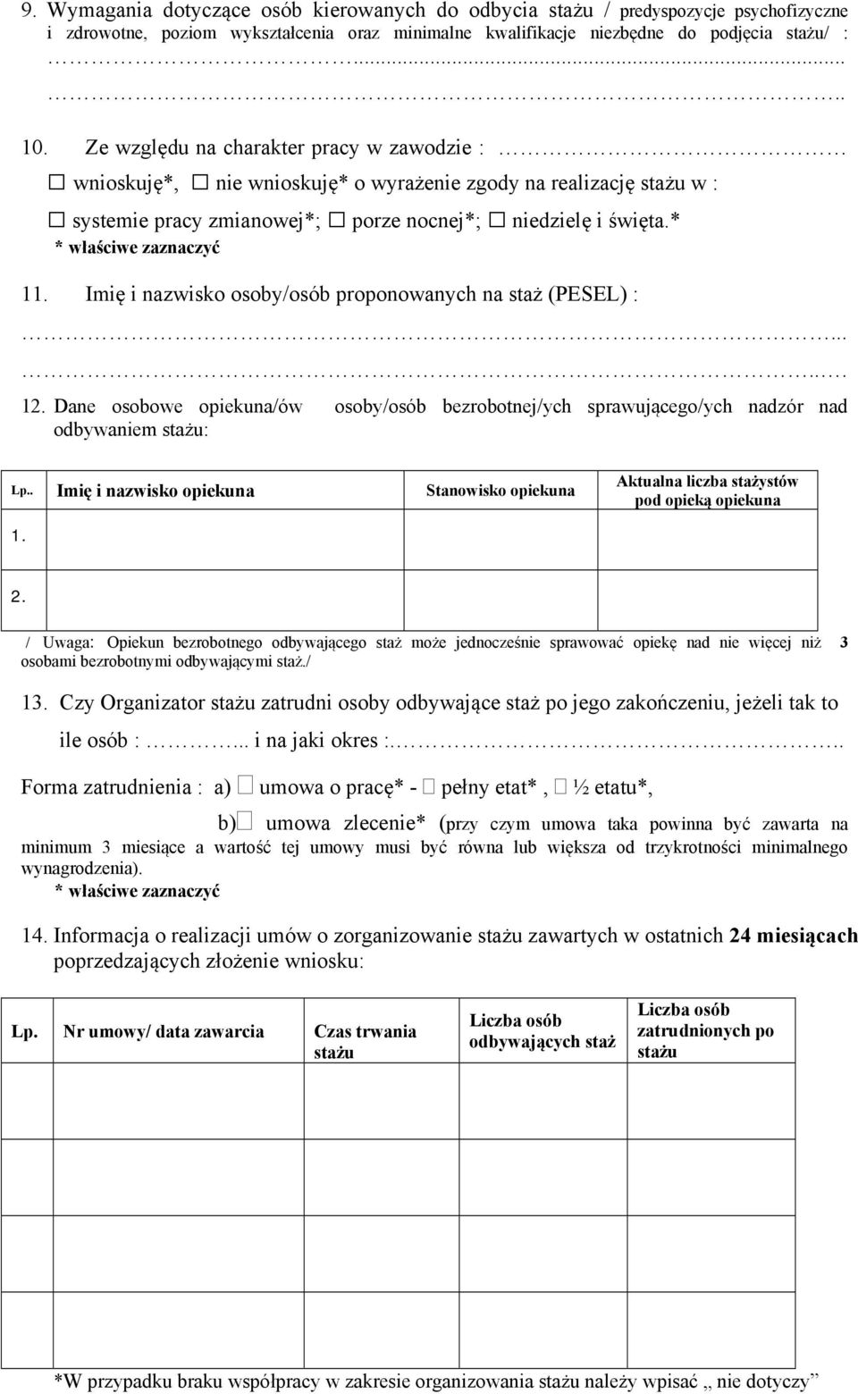 Imię i nazwisko osoby/osób proponowanych na staż (PESEL) :...... 12. Dane osobowe opiekuna/ów osoby/osób bezrobotnej/ych sprawującego/ych nadzór nad odbywaniem stażu: Lp.