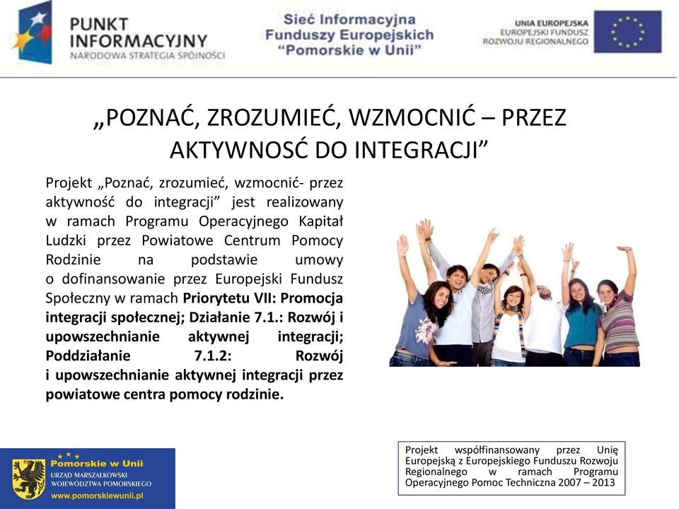 dofinansowanie przez Europejski Fundusz Społeczny w ramach Priorytetu VII: Promocja integracji społecznej; Działanie 7.1.