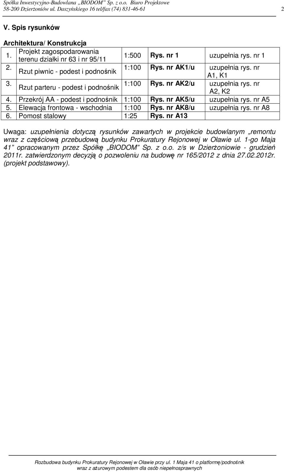 Przekrój AA - podest i podnośnik 1:100 Rys. nr AK5/u uzupełnia rys. nr A5 5. Elewacja frontowa - wschodnia 1:100 Rys. nr AK8/u uzupełnia rys. nr A8 6. Pomost stalowy 1:25 Rys.