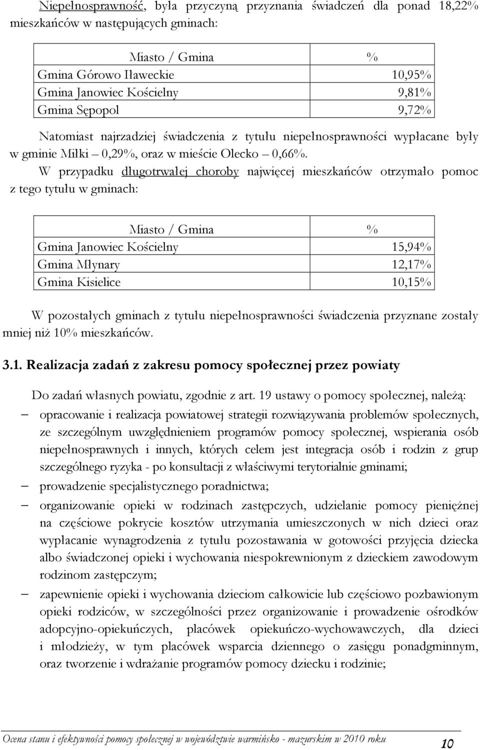 W przypadku długotrwałej choroby najwięcej mieszkańców otrzymało pomoc z tego tytułu w gminach: Miasto / Gmina % Gmina Janowiec Kościelny 15,94% Gmina Młynary 12,17% Gmina Kisielice 10,15% W