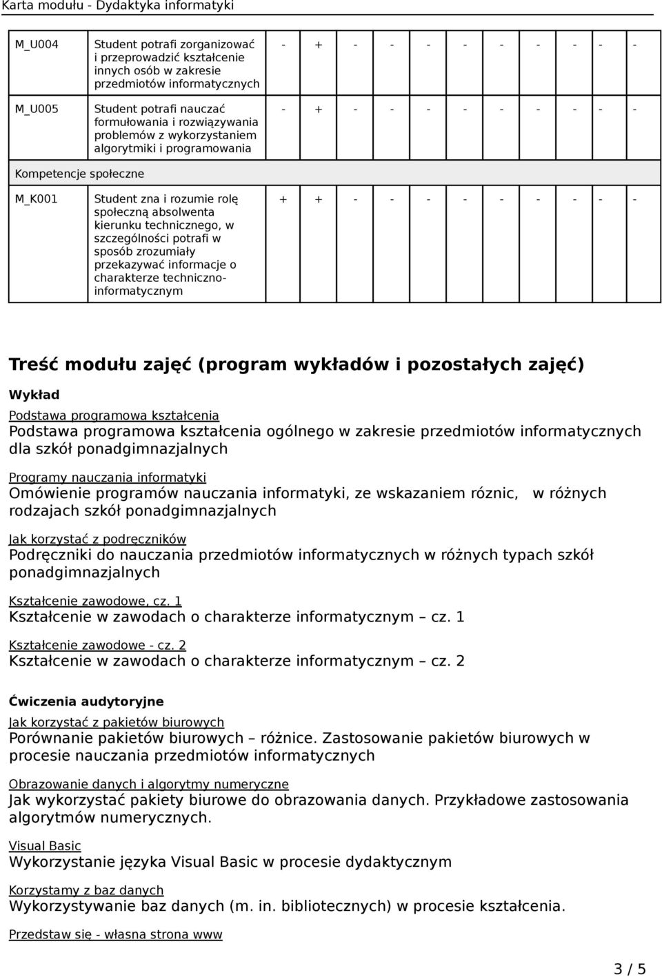 informacje o charakterze technicznoinformatycznym + + - - - - - - - - - Treść modułu zajęć (program wykładów i pozostałych zajęć) Wykład Podstawa programowa kształcenia Podstawa programowa