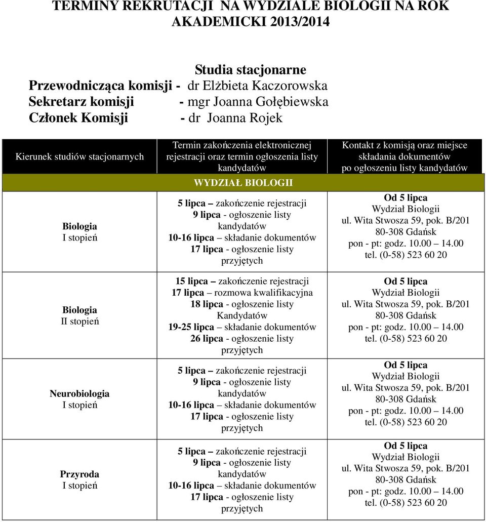 lipca - ogłoszenie listy 10-16 lipca składanie dokumentów 17 lipca - ogłoszenie listy 15 lipca zakończenie rejestracji 17 lipca rozmowa kwalifikacyjna 18 lipca - ogłoszenie listy Kandydatów 19-25