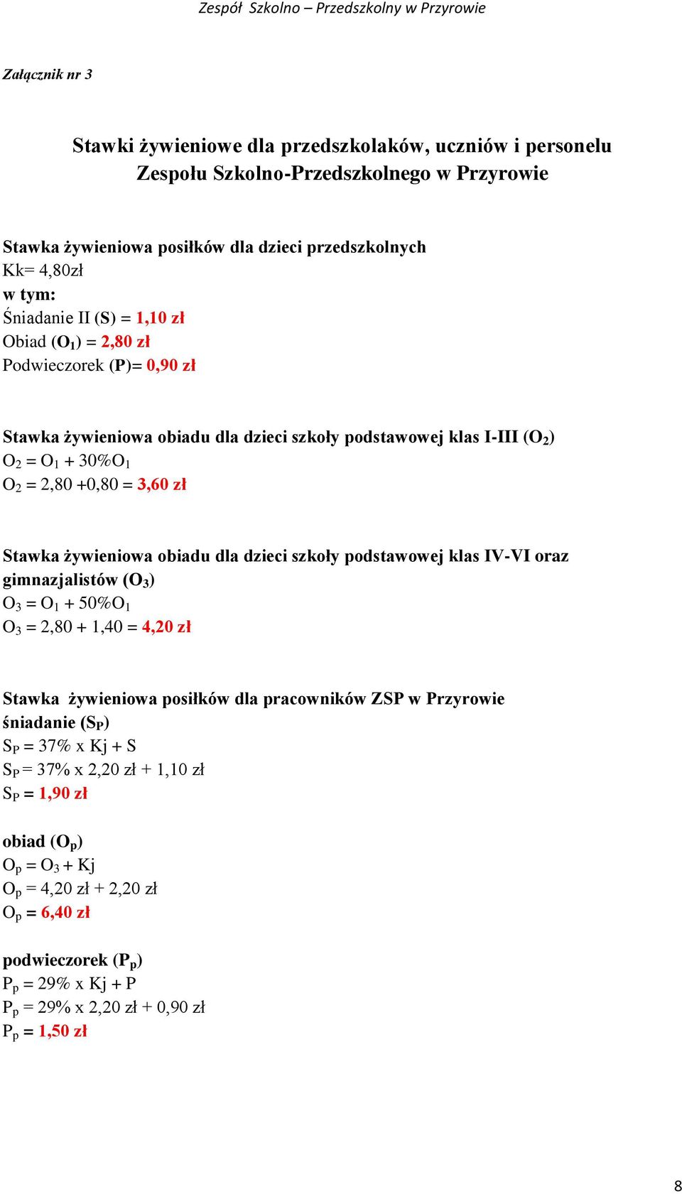 obiadu dla dzieci szkoły podstawowej klas IV-VI oraz gimnazjalistów (O 3 ) O 3 = O 1 + 50%O 1 O 3 = 2,80 + 1,40 = 4,20 zł Stawka żywieniowa posiłków dla pracowników ZSP w Przyrowie śniadanie (S P ) S