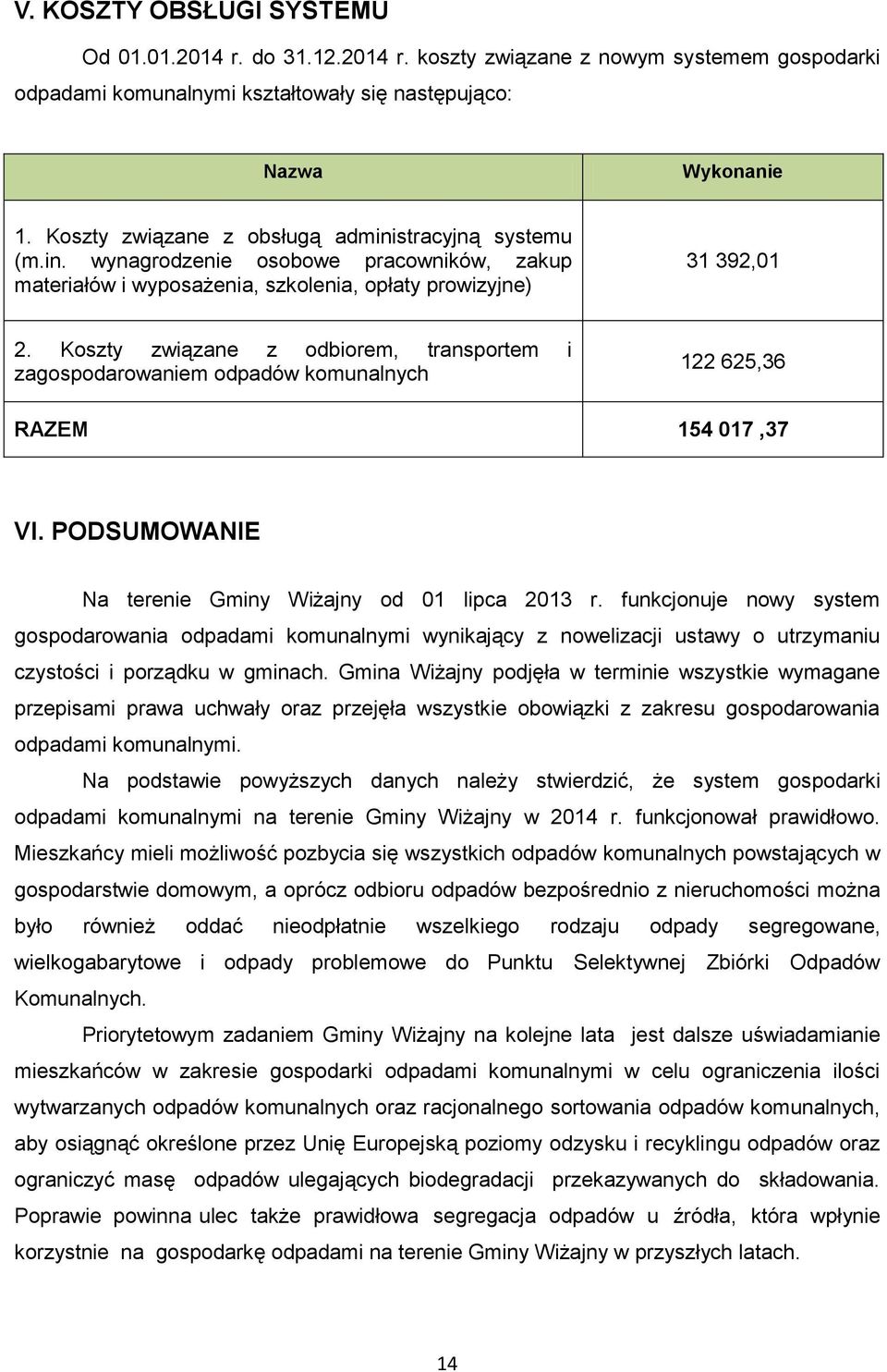 Koszty związane z odbiorem, transportem i zagospodarowaniem odpadów komunalnych 122 625,36 RAZEM 154 017,37 VI. PODSUMOWANIE Na terenie Gminy Wiżajny od 01 lipca 2013 r.