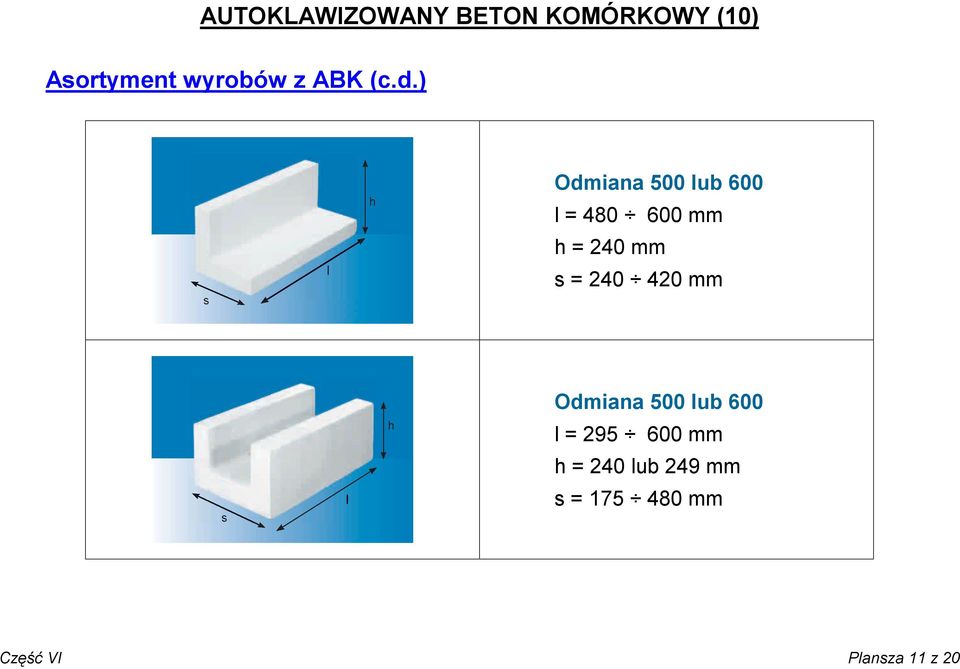 ) Odmiana 500 lub 600 l = 480 600 mm h = 240 mm s = 240