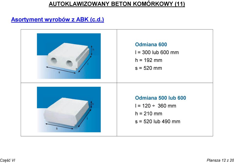 ) Odmiana 600 l = 300 lub 600 mm h = 192 mm s = 520