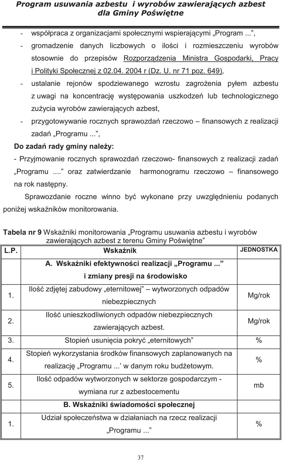 649), - ustalanie rejonów spodziewanego wzrostu zagro enia pyłem azbestu z uwagi na koncentracj wyst powania uszkodze lub technologicznego zu ycia wyrobów zawieraj cych azbest, - przygotowywanie