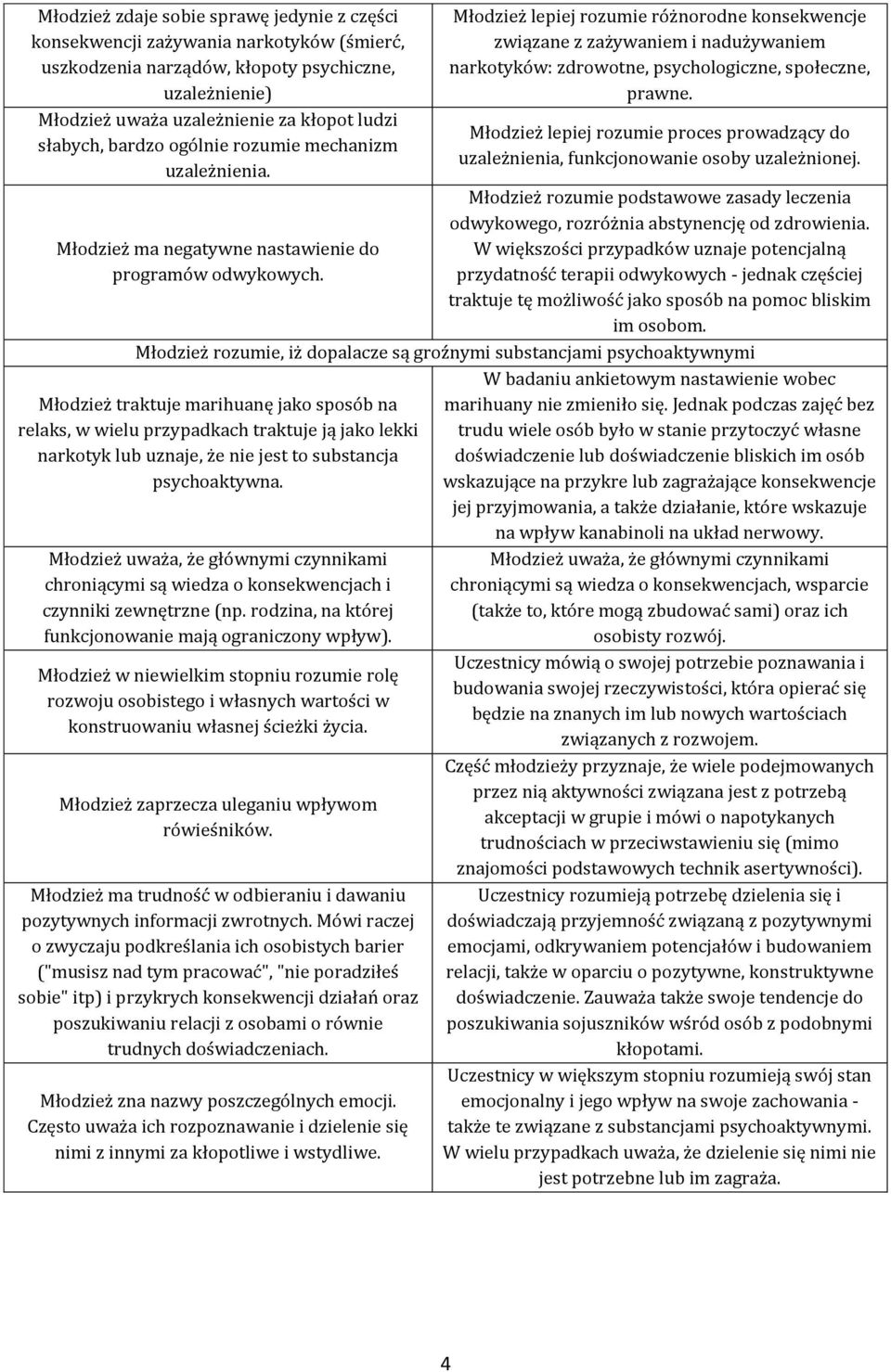 Młodzież lepiej rozumie różnorodne konsekwencje związane z zażywaniem i nadużywaniem narkotyków: zdrowotne, psychologiczne, społeczne, prawne.