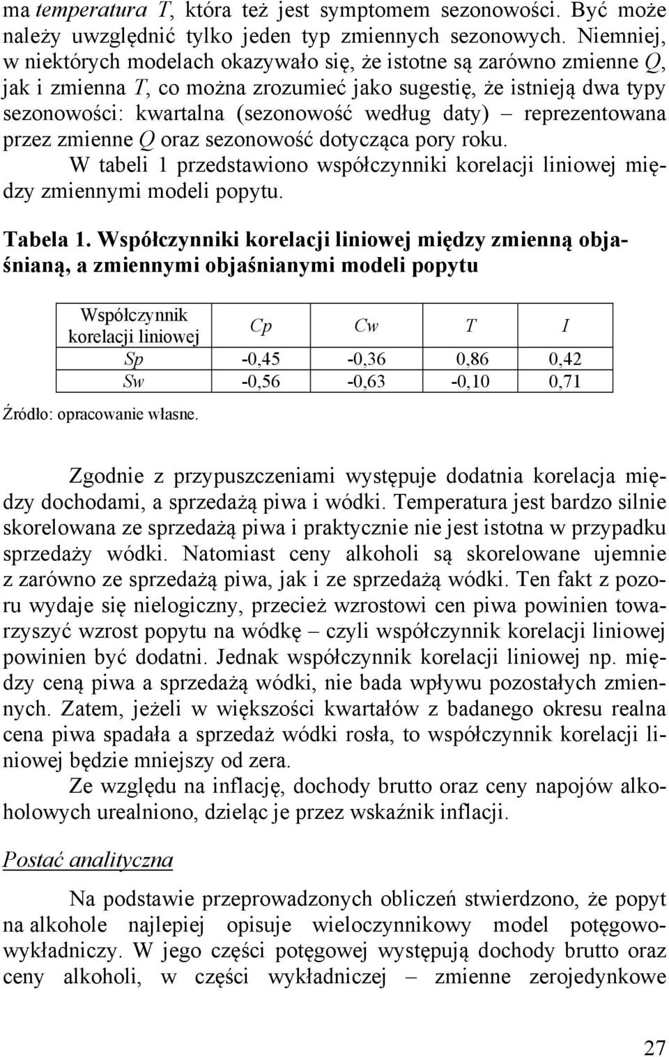 przz zminn Q oraz szonowość dotycząca pory roku. W tabli 1 przdstawiono współczynniki korlacji liniowj między zminnymi modli popytu. Tabla 1.