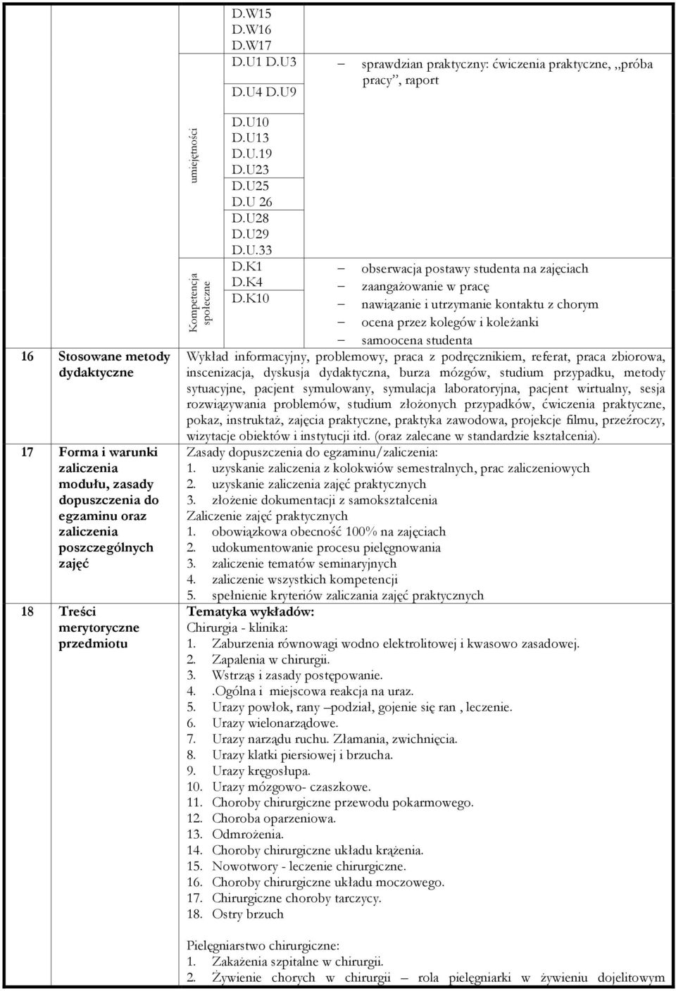 umiejętności Kompetencja społeczne D.U10 D.U13 D.U.19 D.U23 D.U25 D.U 26 D.U28 D.U29 D.U.33 D.K1 D.K4 D.