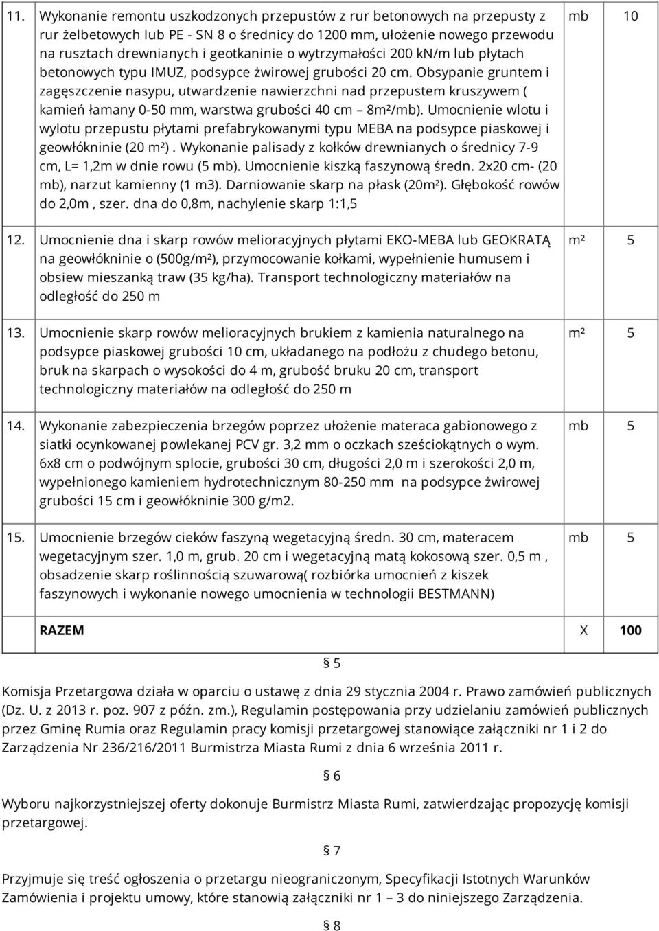 Obsypanie gruntem i zagęszczenie nasypu, utwardzenie nawierzchni nad przepustem kruszywem ( kamień łamany 0-50 mm, warstwa grubości 40 cm 8m²/mb).