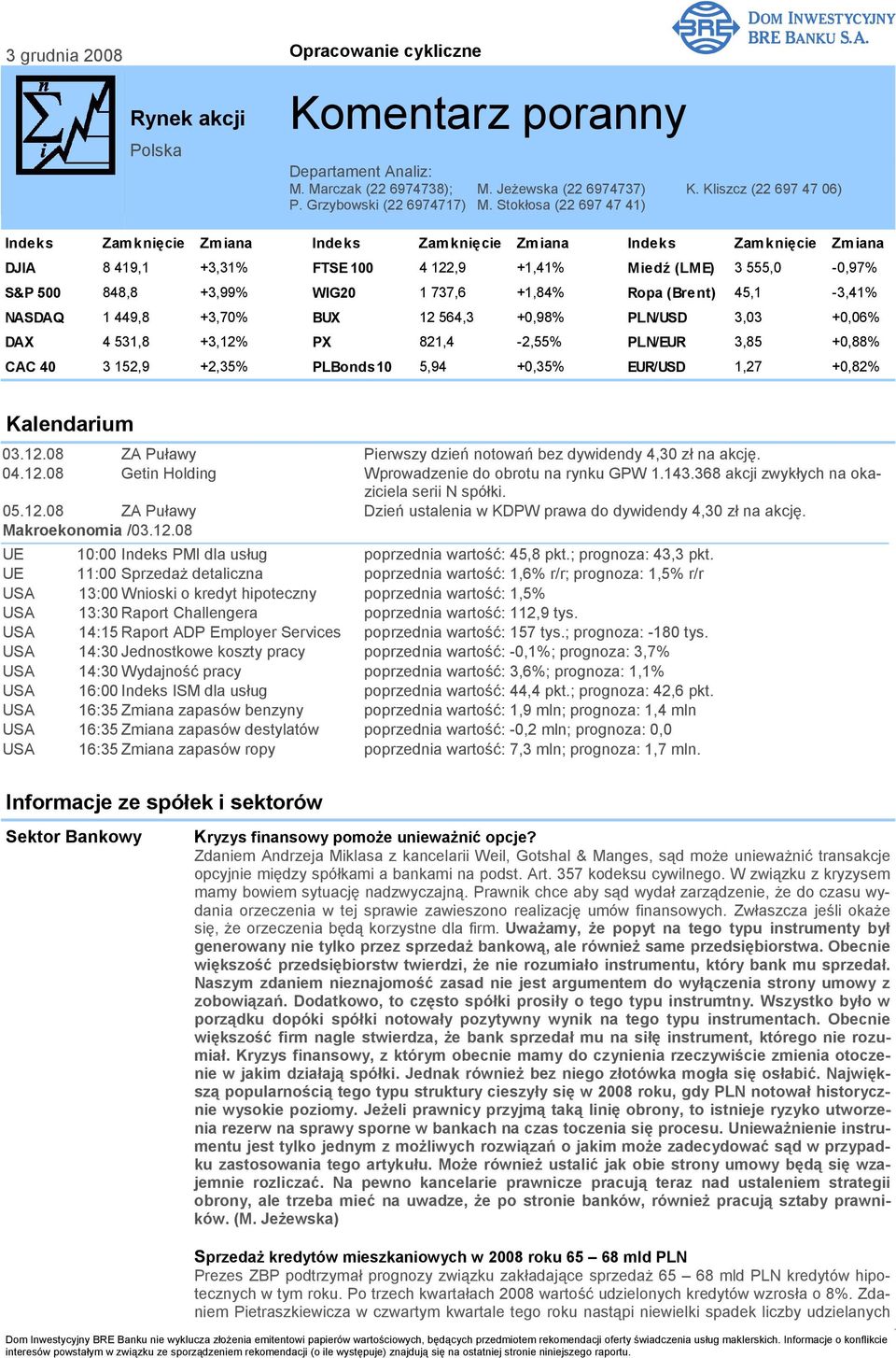 Stokłosa (22 697 47 41) Indeks Zamknięcie Zmiana Indeks Zamknięcie Zmiana Indeks Zamknięcie Zmiana DJIA 8 419,1 +3,31% FTSE 100 4 122,9 +1,41% Miedź (LME) 3 555,0-0,97% S&P 500 848,8 +3,99% WIG20 1