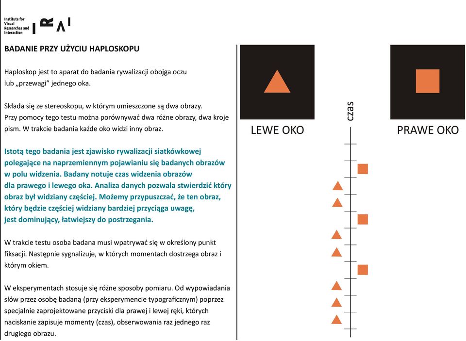 Istotą tego badania jest zjawisko rywalizacji siatkówkowej polegające na naprzemiennym pojawianiu się badanych obrazów w polu widzenia. Badany notuje czas widzenia obrazów dla prawego i lewego oka.