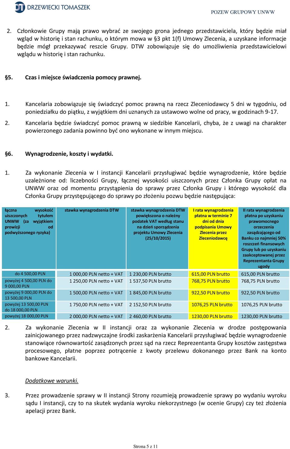 Kancelaria zobowiązuje się świadczyć pomoc prawną na rzecz Zleceniodawcy 5 dni w tygodniu, od poniedziałku do piątku, z wyjątkiem dni uznanych za ustawowo wolne od pracy, w godzinach 9-17. 2.