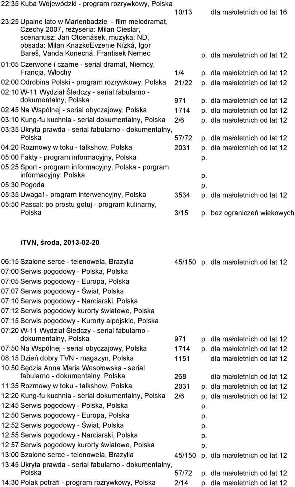 małoletnich od lat 12 02:00 Odrobina Polski - program rozrywkowy, Polska 21/22 dla małoletnich od lat 12 02:10 W-11 Wydział Śledczy - serial fabularno - dokumentalny, Polska 971 dla małoletnich od