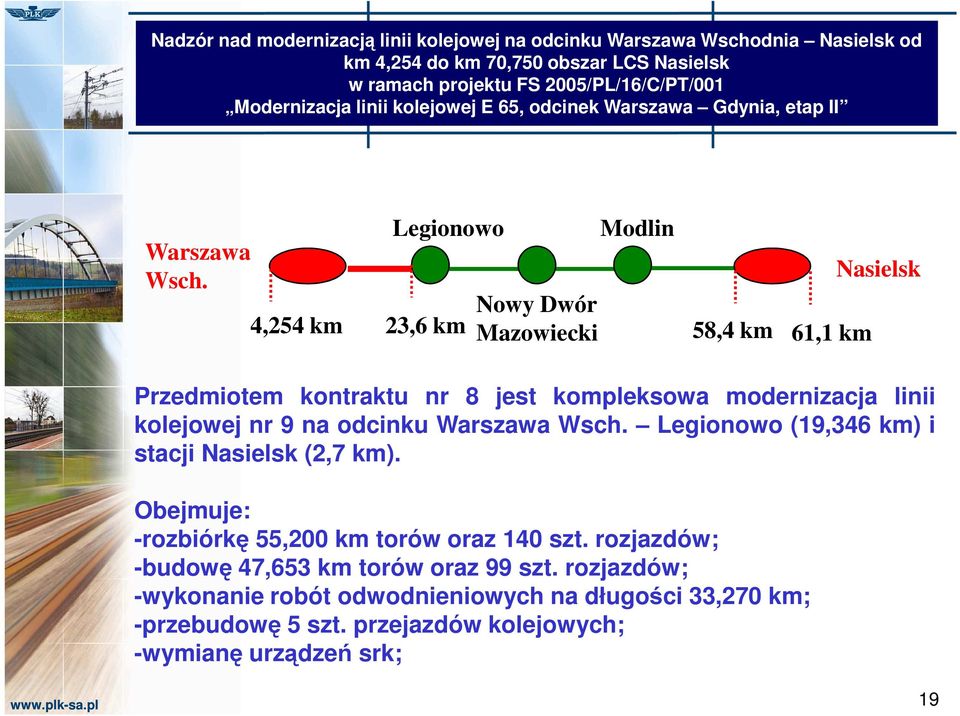 Nasielsk 4,254 km Nowy Dwór 23,6 km Mazowiecki 58,4 km 61,1 km Przedmiotem kontraktu nr 8 jest kompleksowa modernizacja linii kolejowej nr 9 na odcinku Warszawa Wsch.