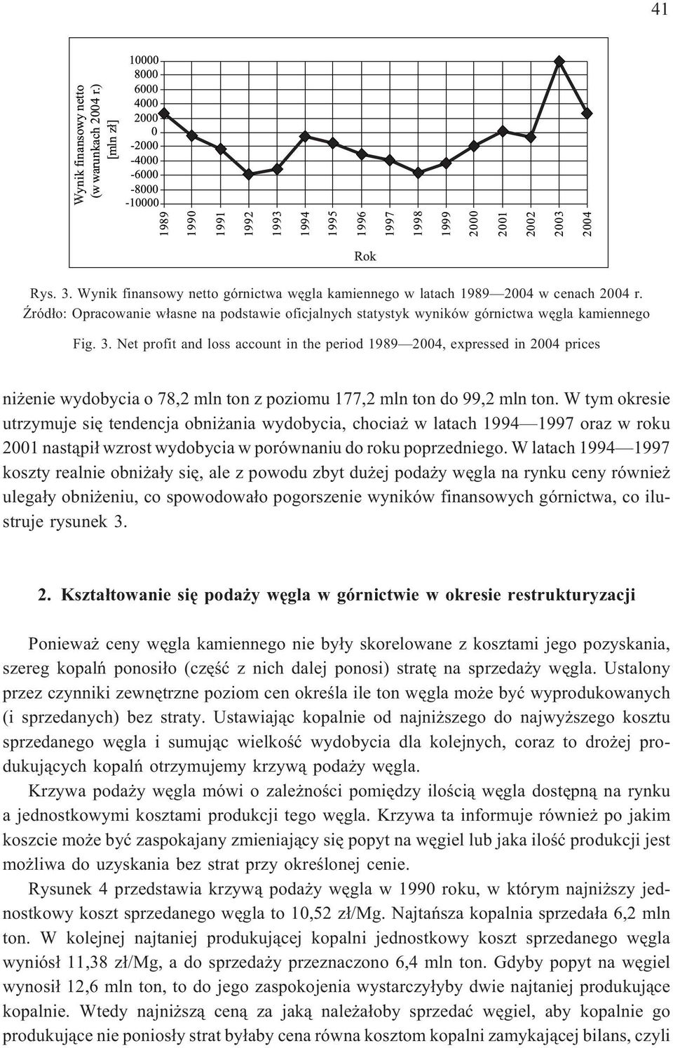 W latach 1994 1997 koszty realnie obni a³y siê, ale z powodu zbyt du ej poda y wêgla na rynku ceny równie ulega³y obni eniu, co spowodowa³o pogorszenie wyników finansowych górnictwa, co ilustruje