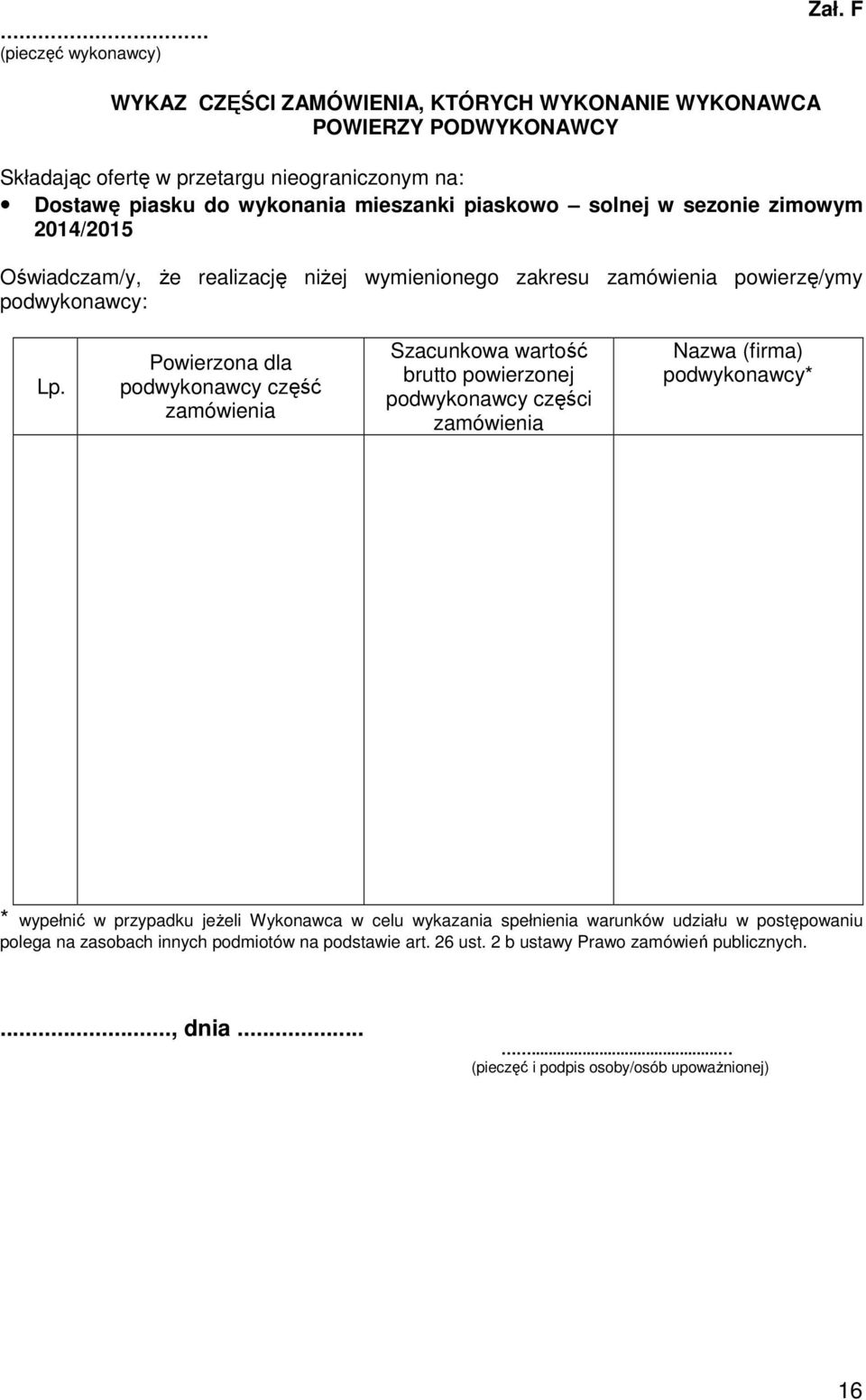sezonie zimowym 2014/2015 Oświadczam/y, że realizację niżej wymienionego zakresu zamówienia powierzę/ymy podwykonawcy: Lp.