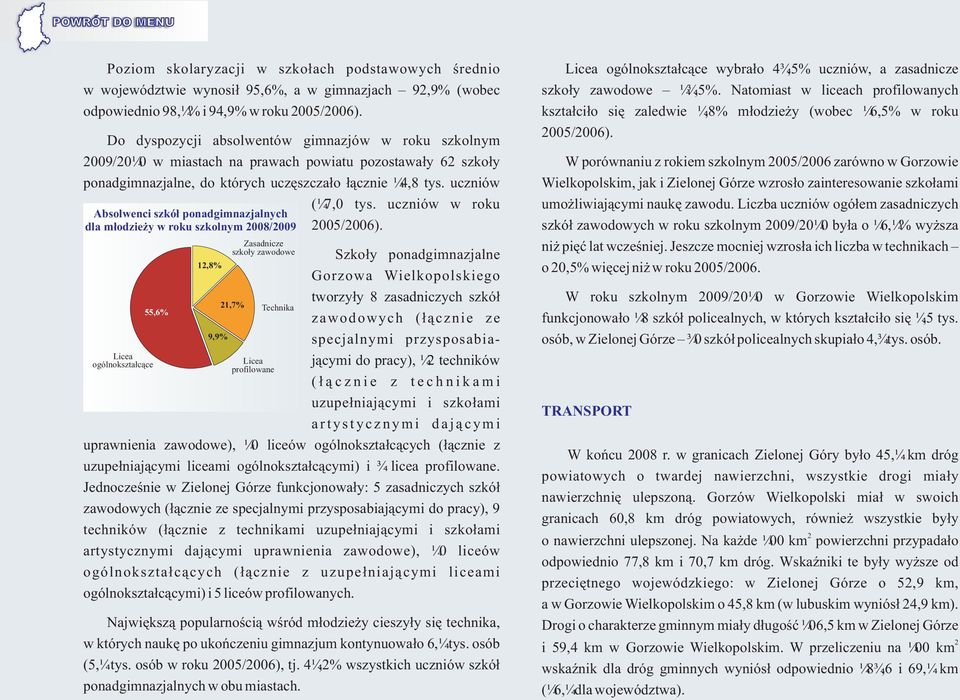 uczniów Absolwenci szkó³ ponadgimnazjalnych dla m³odzie y w roku szkolnym 008/ Licea ogólnokszta³c¹ce 55,6% 1,8% 9,9% Zasadnicze szko³y zawodowe 1,7% Licea profilowane Technika (17,0 tys.