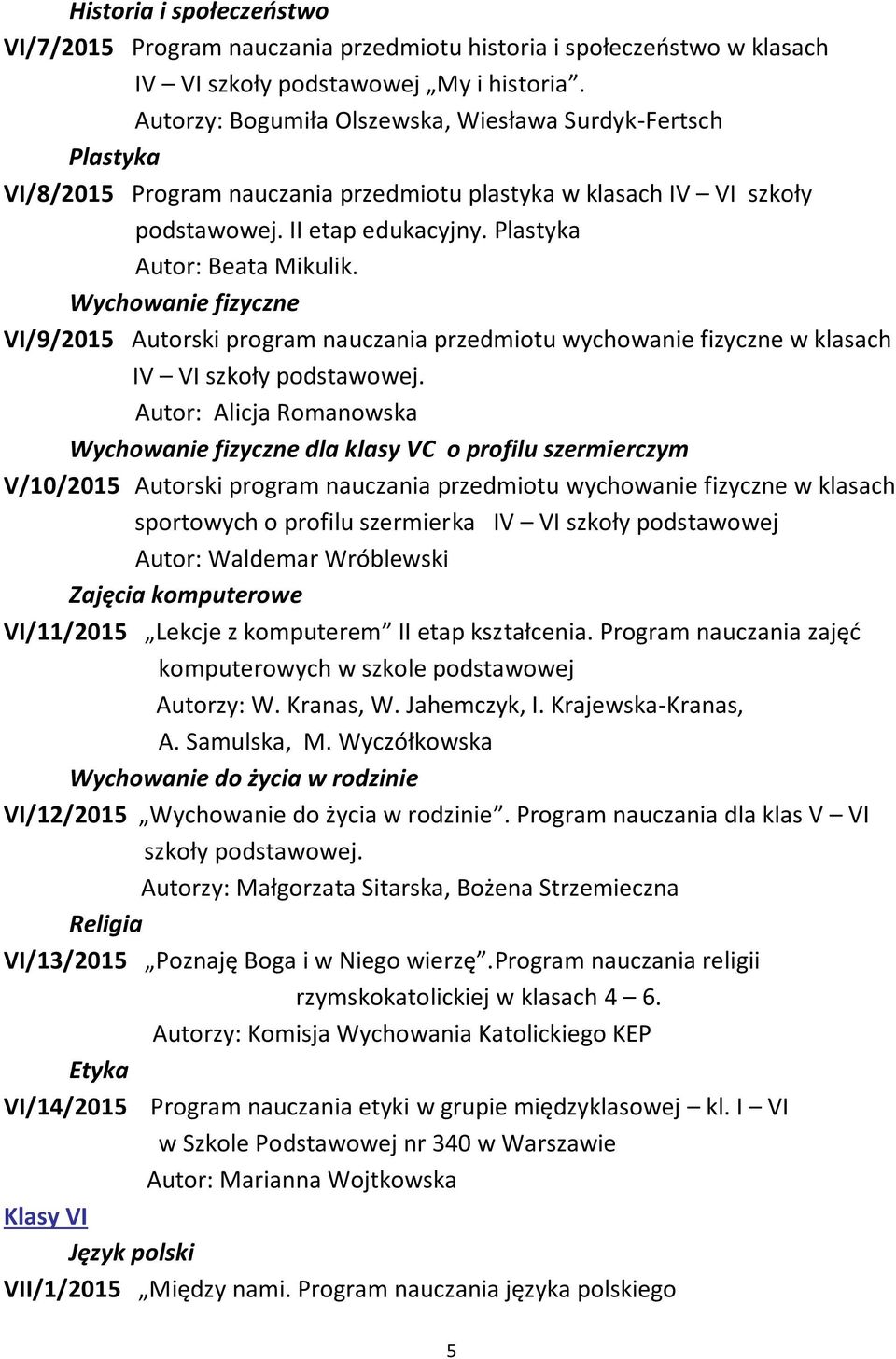 Wychowanie fizyczne VI/9/2015 Autorski program nauczania przedmiotu wychowanie fizyczne w klasach IV VI Autor: Alicja Romanowska Wychowanie fizyczne dla klasy VC o profilu szermierczym V/10/2015