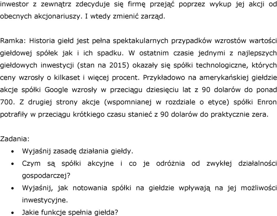 W ostatnim czasie jednymi z najlepszych giełdowych inwestycji (stan na 2015) okazały się spółki technologiczne, których ceny wzrosły o kilkaset i więcej procent.